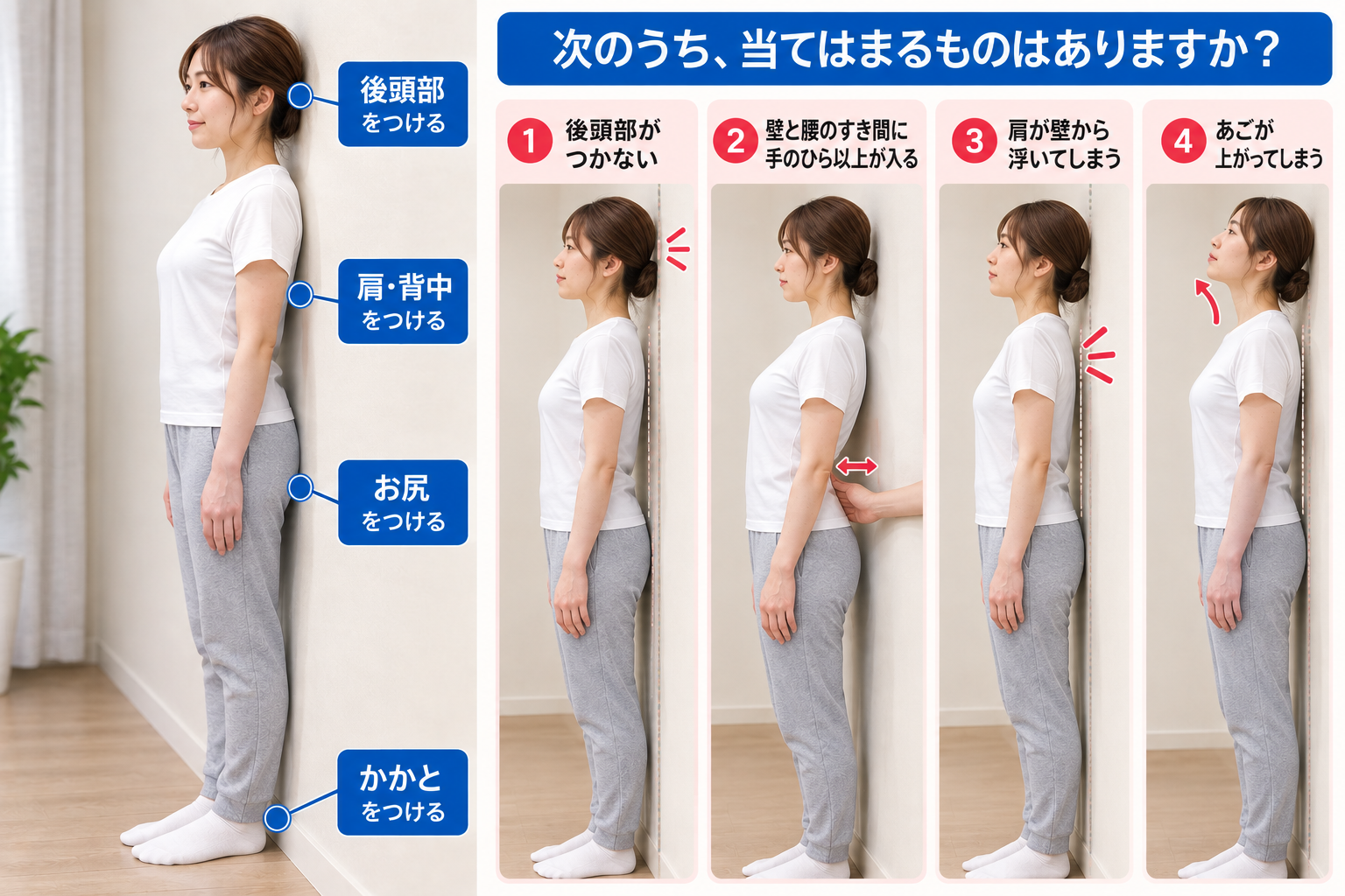 壁を使った姿勢セルフチェックのやり方（仮画像）